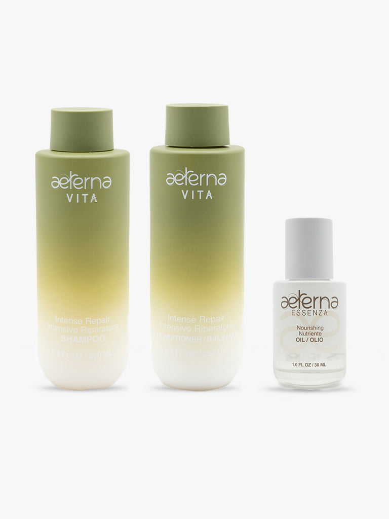 250 ml shampoo and conditioner, 30 ml serum, intense repair, nourishing oil, natural ingredients, made in Italy.